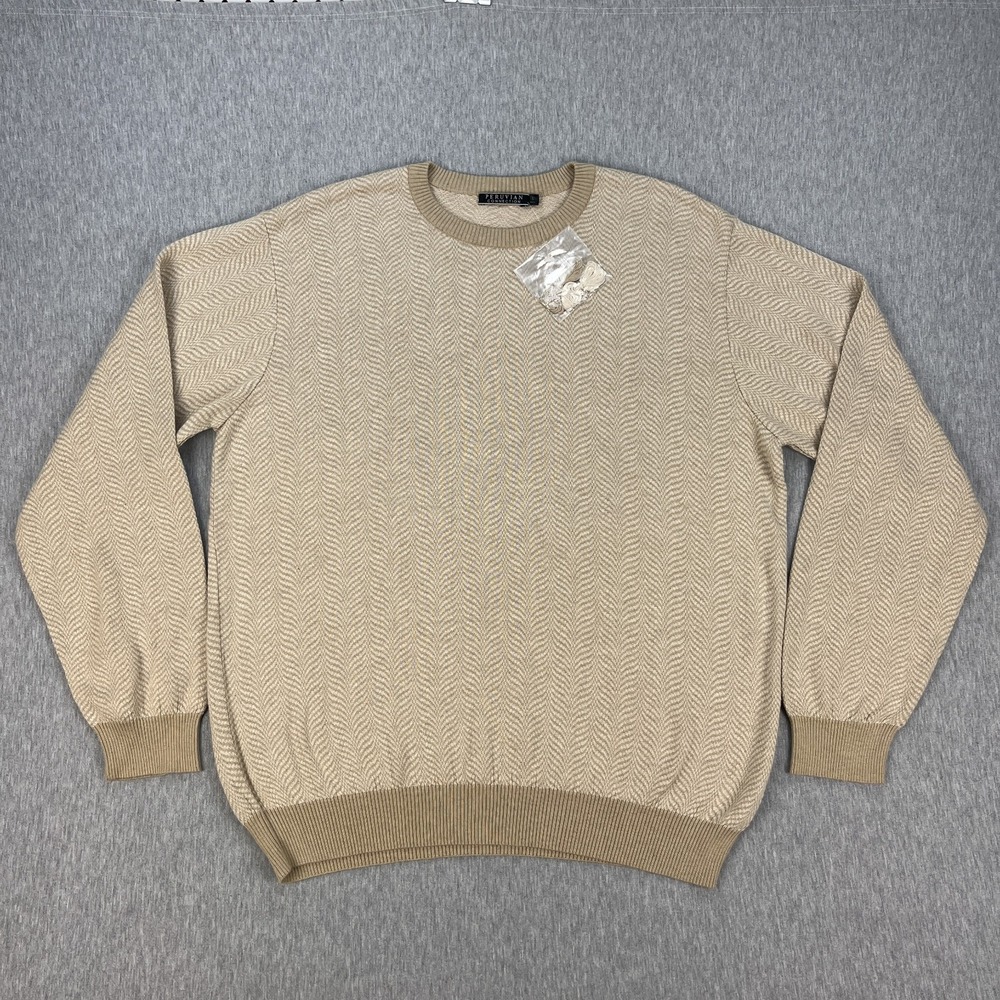 Peruvian Connection Sweater Womens L Beige Curved Herringbone Crewneck Soft NEW
